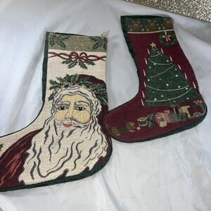 Lot Of 2 Vintage Christmas Stockings Santa‎ Tree , Gold , Wine Unique Boho